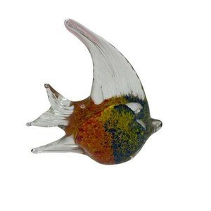 Art Glass Angel Fish Paperweight Color Bubbles Red Yellow Blue 5"x6"x2"